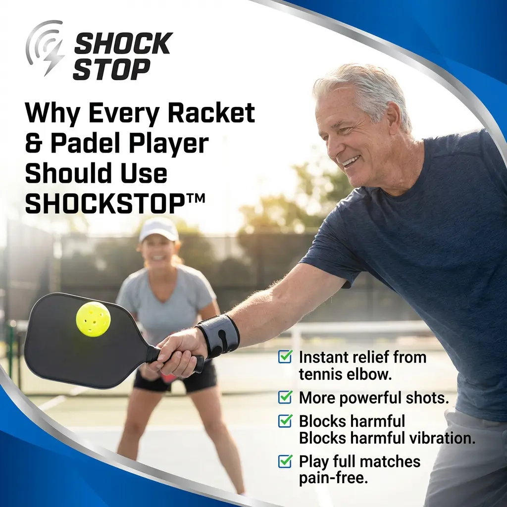 SHOCK STOP Why Every Racket & Padel Player Should Use SHOCKSTOPTM Instant relief from tennis elbow. More powerful shots. Blocks harmful Blocks harmful vibration. Play full matches pain-free.