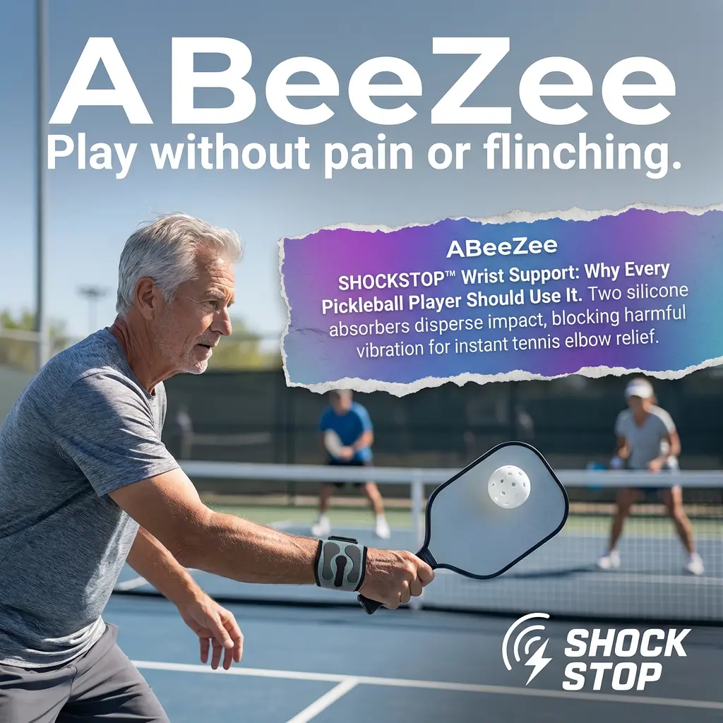 ABeeZee Play without pain or flinching. ABeeZee SHOCKSTOPTM Wrist Support: Why Every Pickleball Player Should Use It. Two silicone absorbers disperse impact, blocking harmful vibration for instant tennis elbow relief. (ਨ) SHOCK STOP
