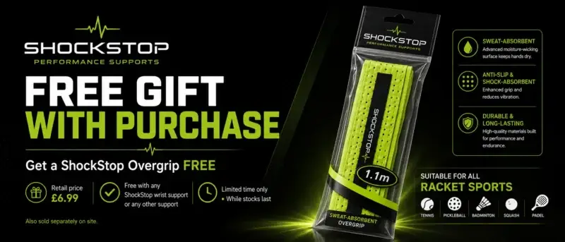 Promotion telling you about a free gift of a "ShockStop Overgrip" when purchasing the wrist support